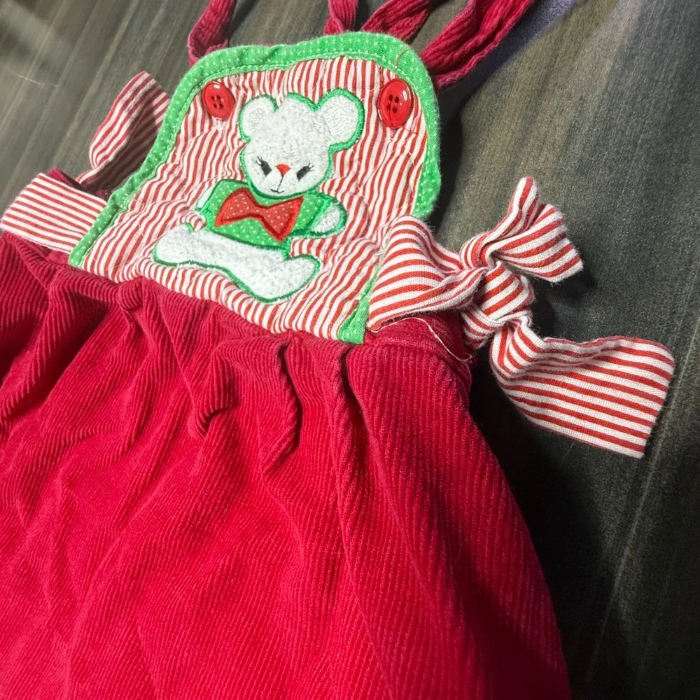 Vintage Hygenic Girl's Red Corduroy‎ Jumper Dress Teddy Bear Applique 24MO